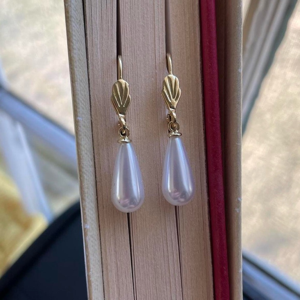 Gold-tone Teardrop Pearl Dangle Earrings